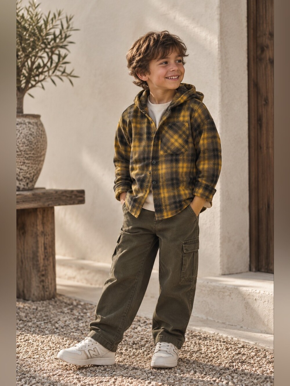 Kids Yellow & Black Plaid Hooded Shirt - Unbranded